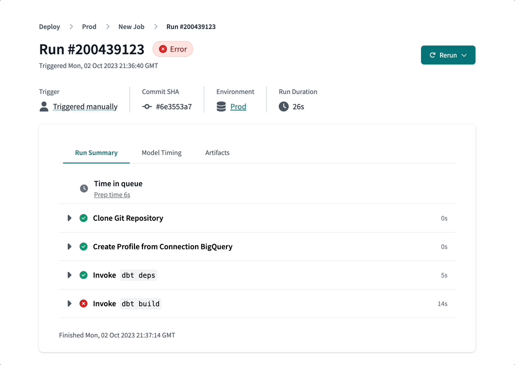 Example of the Rerun options in dbt Cloud Example of the Rerun options in dbt Cloud